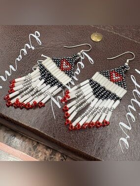 Boho Western Beaded Fringe Earrings Red Black White Statement Festival